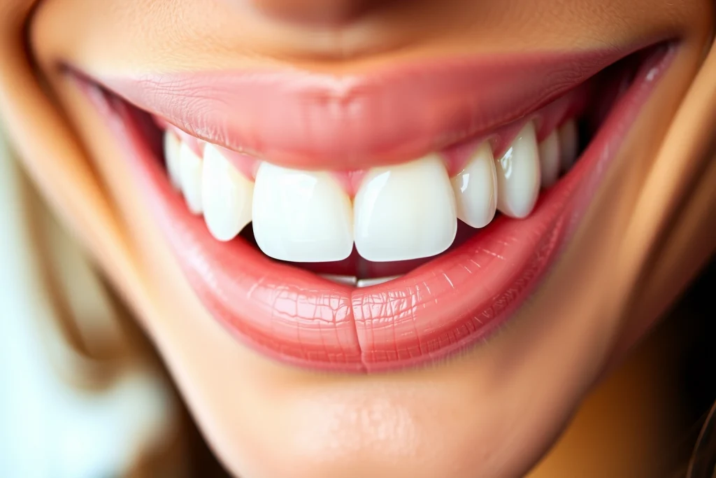 A close-up of a person smiling naturally with dental implants, showing healthy gums and realistic teeth, soft natural lighting, warm tones, focus on the smile and facial expression, no visible metal or artificial appearance, seamless integration of implants with natural teeth