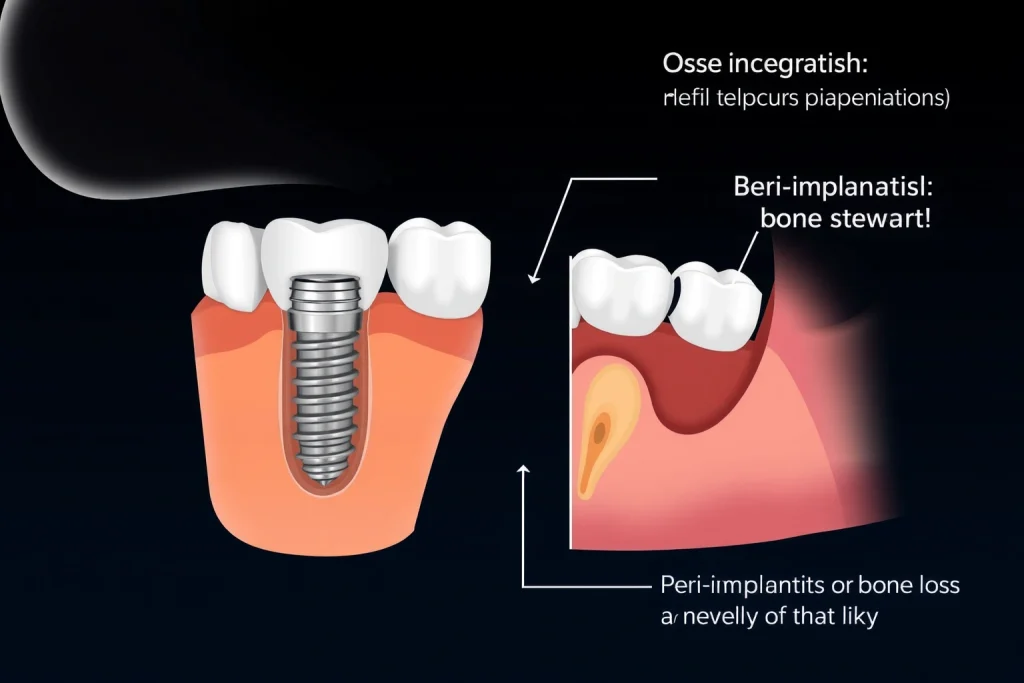 A detailed medical illustration showing a dental implant procedure in a human jaw, with a titanium implant screw integrated into the alveolar bone, surrounded by healthy gum tissue and bone structure, highlighting osseointegration and proper placement to prevent complications such as peri-implantitis or bone loss, with clear anatomical labels in a clean, educational style