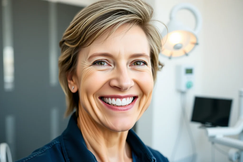 A confident middle-aged person smiling brightly with natural-looking dental implants, standing in a modern dental clinic with soft natural light, clean white walls, and subtle medical equipment in the background; focus on the warm, genuine expression and healthy, aligned teeth, conveying renewed self-esteem and quality of life