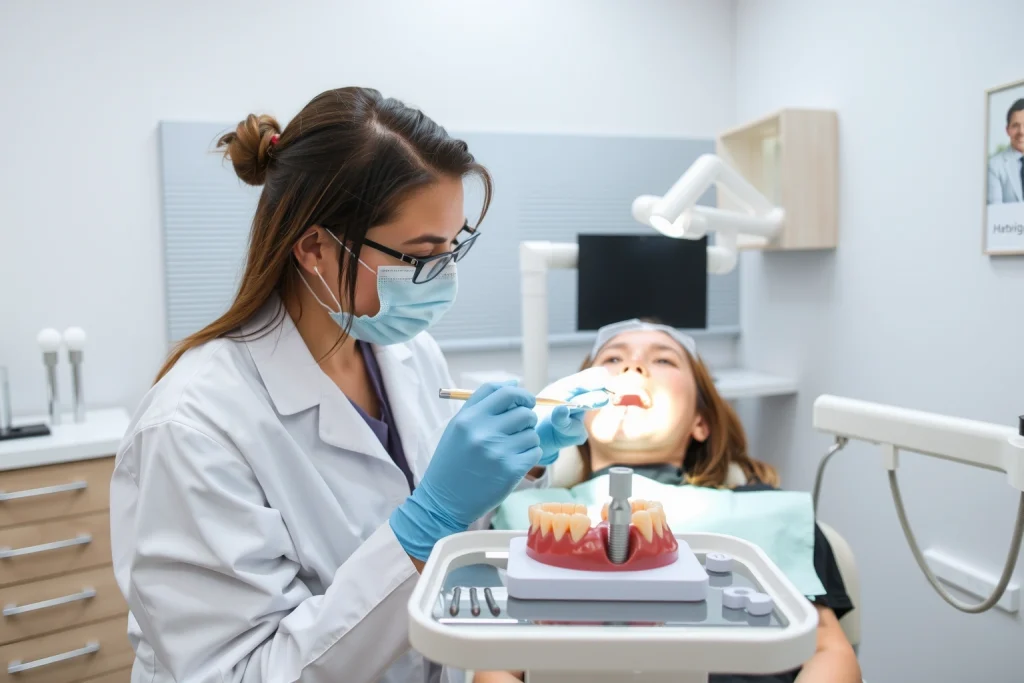 A modern dental clinic interior with a dentist in a white coat examining a patient's teeth using dental tools, a dental implant model on a tray, soft lighting, professional atmosphere, no text or signs visible