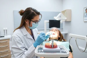 A modern dental clinic interior with a dentist in a white coat examining a patient's teeth using dental tools, a dental implant model on a tray, soft lighting, professional atmosphere, no text or signs visible