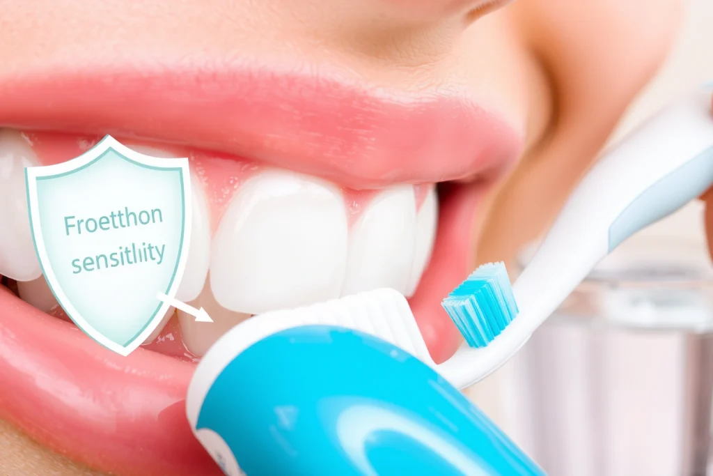 A close-up illustration of healthy teeth with smooth enamel, showing a person gently brushing teeth with a soft-bristled toothbrush, using fluoride toothpaste on the brush, and a glass of water nearby; subtle visual cues like a shield or barrier around the teeth to symbolize protection from sensitivity, soft natural lighting, clean and calm atmosphere