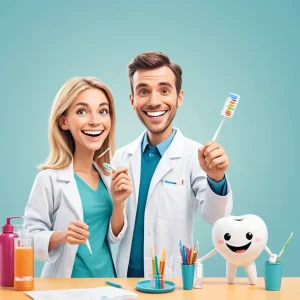A clean, educational illustration showing a smiling person with healthy white teeth, demonstrating proper dental hygiene: brushing teeth with a toothbrush, flossing, and drinking water, with a dentist examining teeth in the background, all in a clear, informative style