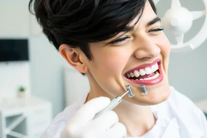 A modern dental clinic interior with a dentist examining a patient's smile, showing dental implants in a clear, detailed view of the jawbone and prosthetic teeth, soft natural lighting, professional and reassuring atmosphere