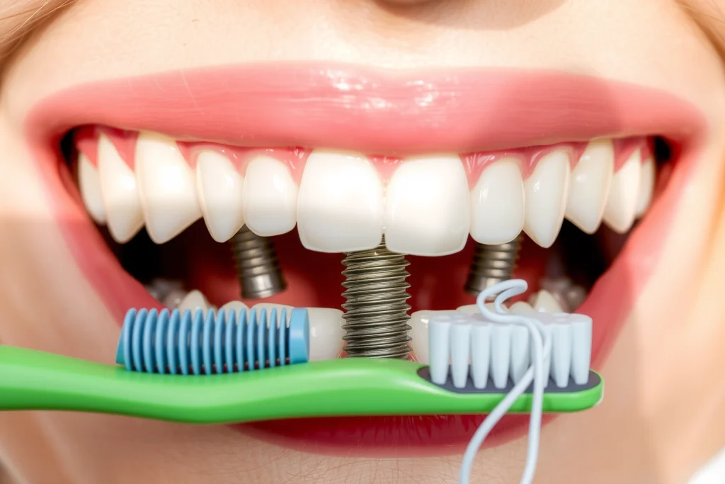 A close-up of a healthy, natural-looking smile with dental implants visible in the upper and lower jaws, showing well-integrated titanium posts and porcelain crowns, surrounded by pink gums and clean teeth, soft natural lighting, dental hygiene tools like a toothbrush and floss nearby on a white background, emphasizing long-term oral care and maintenance