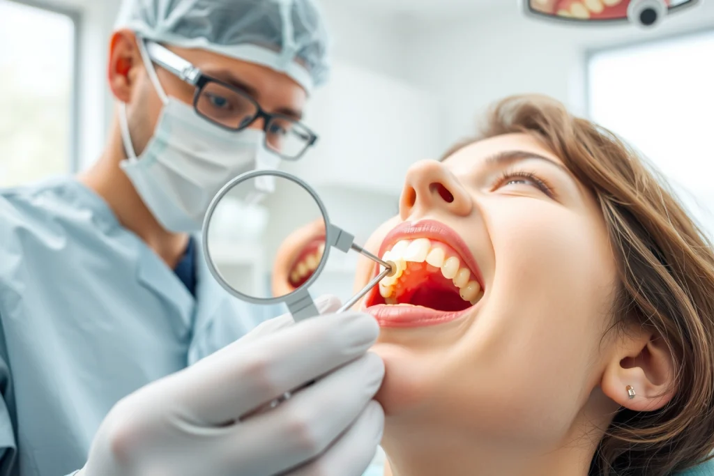 A clean, modern dental clinic interior with a dentist examining a patient's teeth using a small mirror and probe, highlighting a close-up of a tooth with early-stage caries being treated, soft natural lighting, educational and professional atmosphere