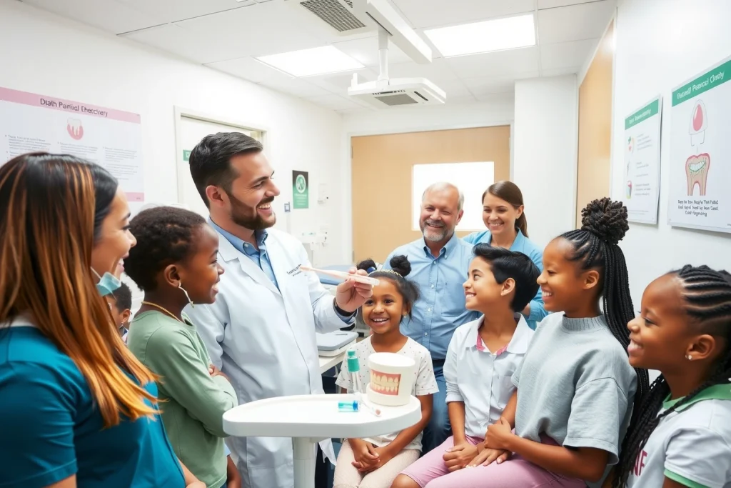 A clean, modern dental clinic interior with a smiling dentist demonstrating proper toothbrushing technique to a diverse group of adults and children, holding a toothbrush and model of teeth, with educational posters about oral hygiene on the walls, soft natural lighting, and a calm, welcoming atmosphere