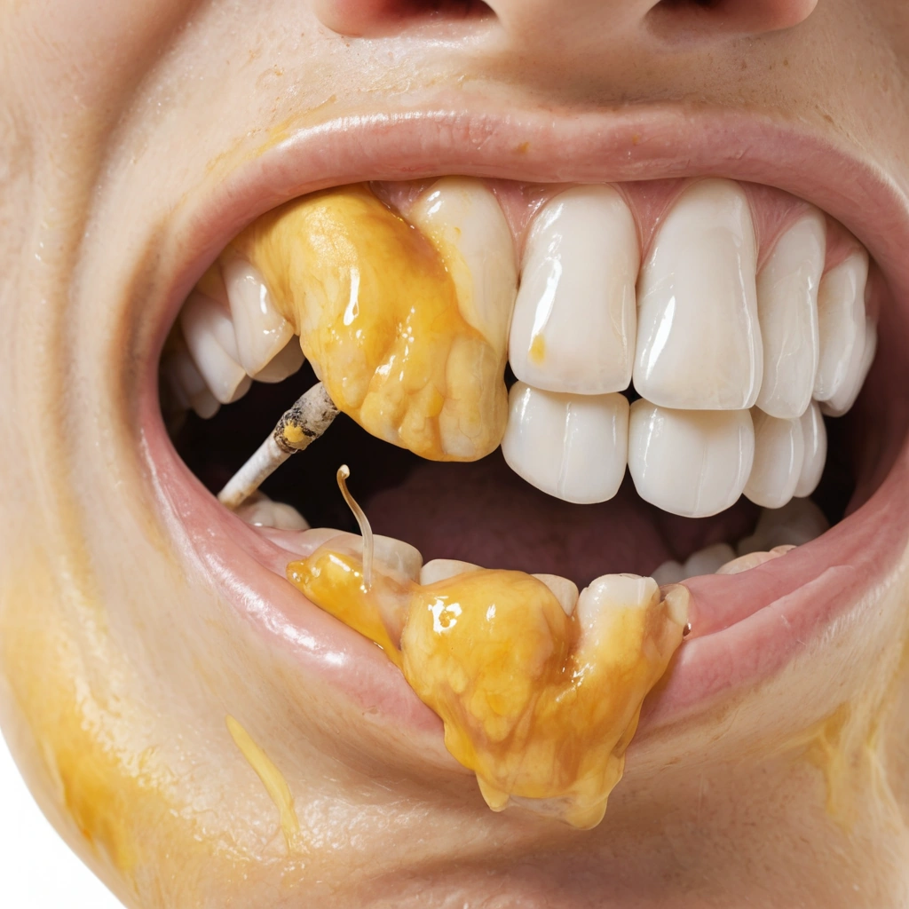 A close-up illustration of a human mouth showing damaged teeth with visible cavities, yellow stains, and receding gums due to smoking, with a cigarette burning nearby and faint smoke drifting toward the teeth, set against a clean white background to emphasize dental deterioration