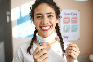 A healthy adult smiling with visible gums and teeth, standing in a bright dental clinic with soft natural light, holding a toothbrush and dental floss, background showing a poster about gum care with icons of brushing and flossing, no text visible on the poster
