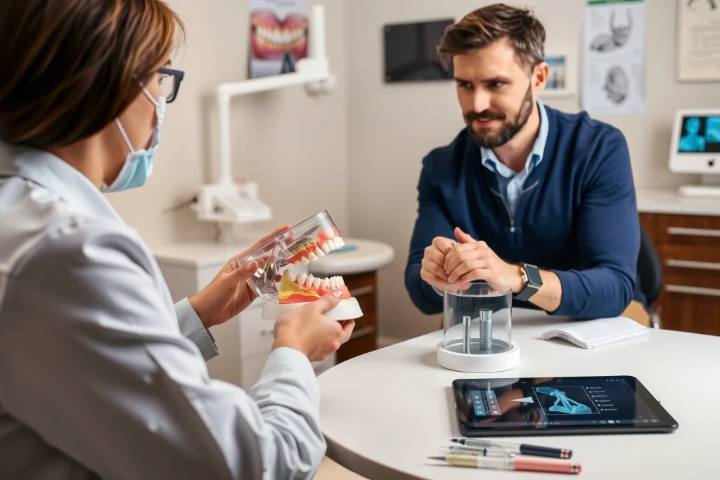 A professional dental clinic setting with a dentist explaining the dental implant procedure to a patient using a 3D model of a jaw and teeth, showing key pre-implantation steps like bone assessment, gum health check, and treatment planning, with dental tools and X-ray images visible on a counter, warm lighting, calm and informative atmosphere