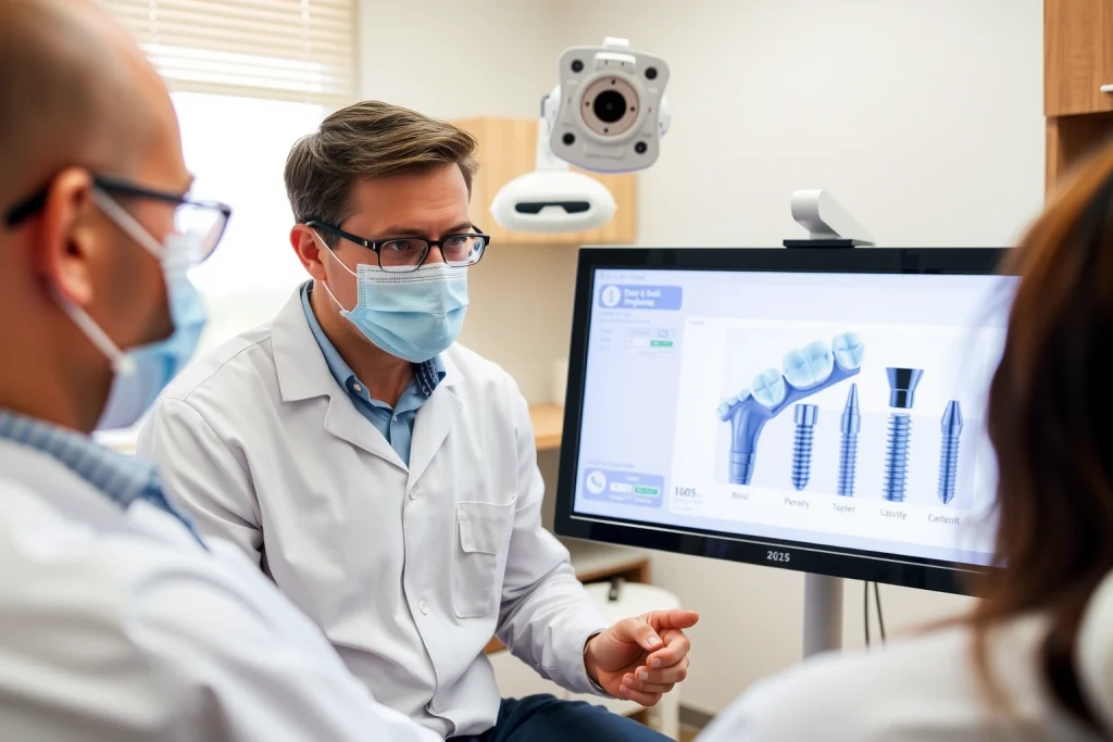 A professional dental clinic setting showing a dentist explaining dental implant options to a patient, with a detailed 3D model of a jawbone and dental implants on a digital screen, soft natural lighting, modern medical equipment, calm and informative atmosphere