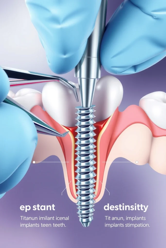 A close-up view of a dental implant procedure showing a dentist placing a titanium implant into a patient's jawbone, with detailed anatomical illustration of the jaw structure, surrounding gum tissue, and dental tools, emphasizing the restoration process of missing teeth