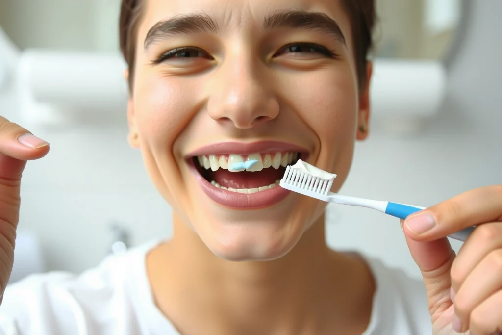 A person brushing their teeth with a toothbrush and toothpaste, showing proper technique: small circular motions, toothpaste on bristles, smiling with clean teeth, bathroom sink in background, soft natural lighting, realistic human figure, no text or labels