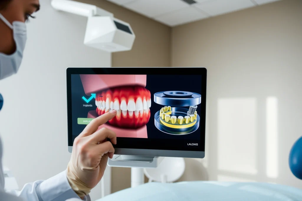 A modern dental clinic interior with a dentist examining a patient's smile, showing dental implants and a 3D model of teeth on a screen, soft natural lighting, professional and clean environment