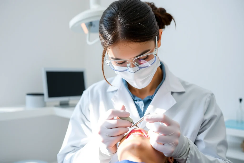 A clean, modern dental clinic interior with a dentist in a white coat gently treating a patient's tooth using a dental drill and mirror, soft natural lighting, focus on the dental tools and tooth, calm and professional atmosphere