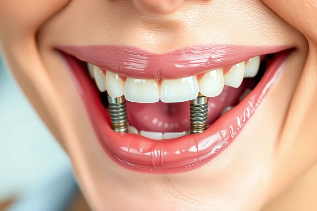 A close-up of a healthy, natural-looking smile with visible dental implants integrated seamlessly into the gums, showing strong bone structure and clean oral hygiene, soft natural lighting, realistic skin texture, no visible dental tools or prosthetics in frame