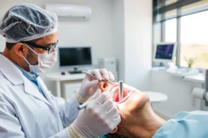 A modern dental clinic interior with a dentist in a white coat examining a patient's mouth using dental tools, focusing on a close-up of a dental implant being placed into the jawbone, with soft natural lighting, sterile environment, and subtle medical equipment in the background