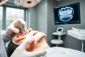 A modern dental clinic interior with a dentist performing a dental implant procedure on a patient, showing detailed close-up of titanium implant being placed into jawbone, digital 3D scan of teeth on a monitor nearby, sterile environment with advanced dental tools, soft natural lighting, realistic textures of metal, gum tissue, and bone