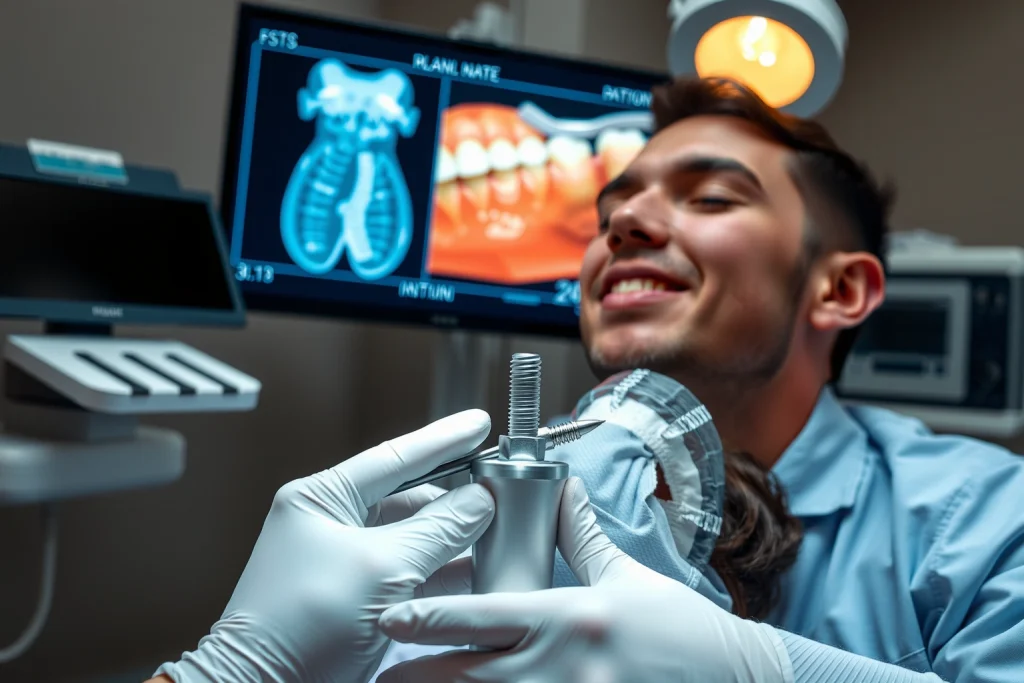 A modern dental clinic interior showing a dentist performing a dental implant procedure on a patient, with close-up view of the titanium implant being placed into the jawbone, sterile surgical tools, digital X-ray screen displaying 3D scan of teeth and bone structure in the background, soft natural lighting, realistic medical environment