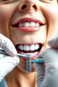 A close-up of a smiling person with healthy, natural-looking teeth, showing a dental implant procedure in progress with a dentist using specialized tools, clean modern dental clinic background with bright lighting, focus on the mouth area and implant process, realistic and detailed depiction of dental work