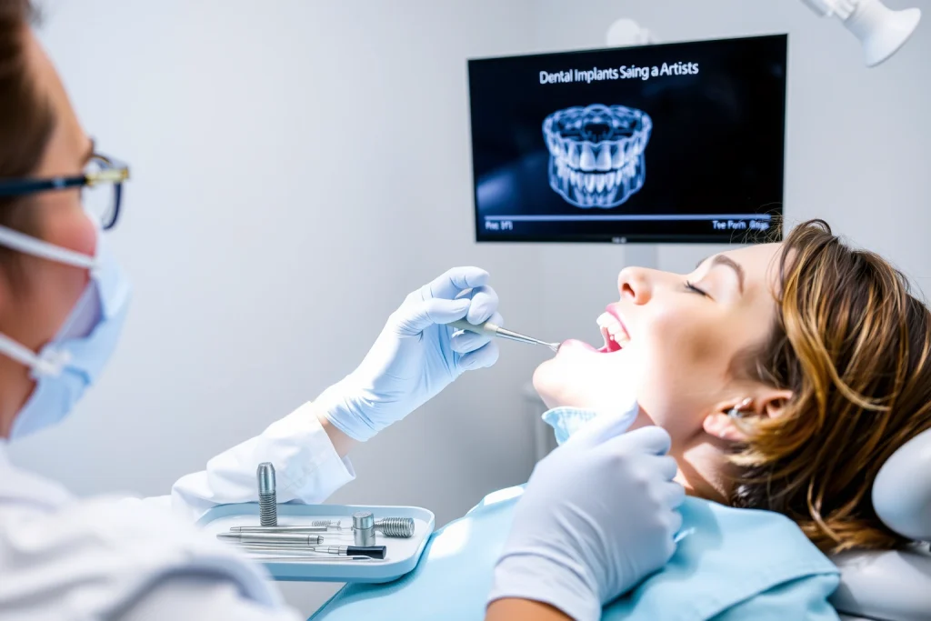 A modern dental clinic interior showing a dentist examining a patient's teeth with dental implants visible in the jaw, soft natural lighting, clean white and blue color scheme, dental tools on a tray, a digital screen displaying a 3D model of dental implants and bite alignment, professional and calm atmosphere