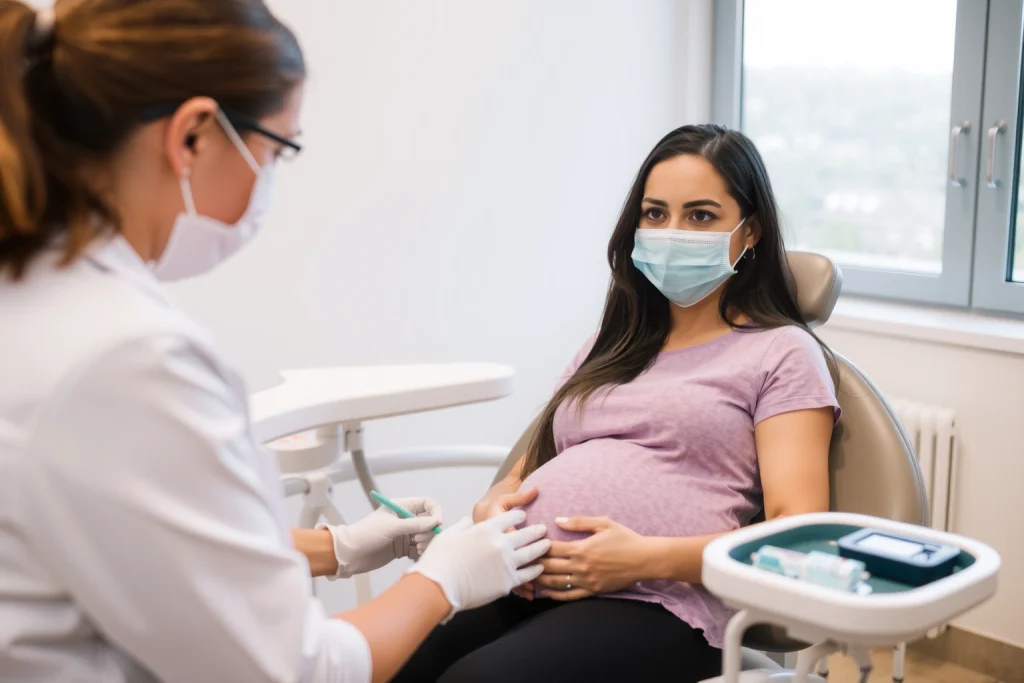 A pregnant woman smiling gently while sitting in a modern dental chair, receiving a routine check-up from a kind female dentist wearing a mask and gloves, soft natural light from a window, clean and calm dental office environment, subtle details like a toothbrush and floss on a nearby tray, warm and reassuring atmosphere