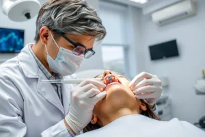 A modern dental clinic interior with a dentist in a white coat examining a patient's mouth, focusing on dental implants being placed in the jawbone, with clear visibility of titanium implants and prosthetic teeth, soft natural lighting, professional and calm atmosphere