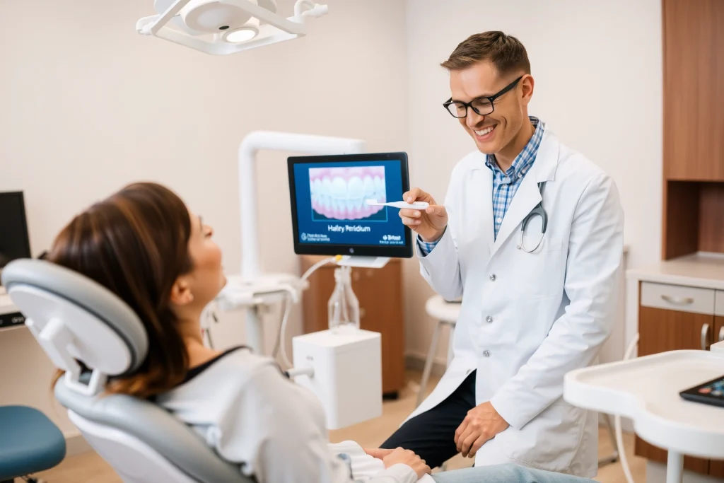 A clean, modern dental clinic interior with a smiling dentist in a white coat demonstrating proper brushing technique to a patient sitting in a dental chair, holding a toothbrush and showing gum health on a digital screen displaying a healthy periodontium, soft natural lighting, medical equipment subtly visible in background, warm and professional atmosphere