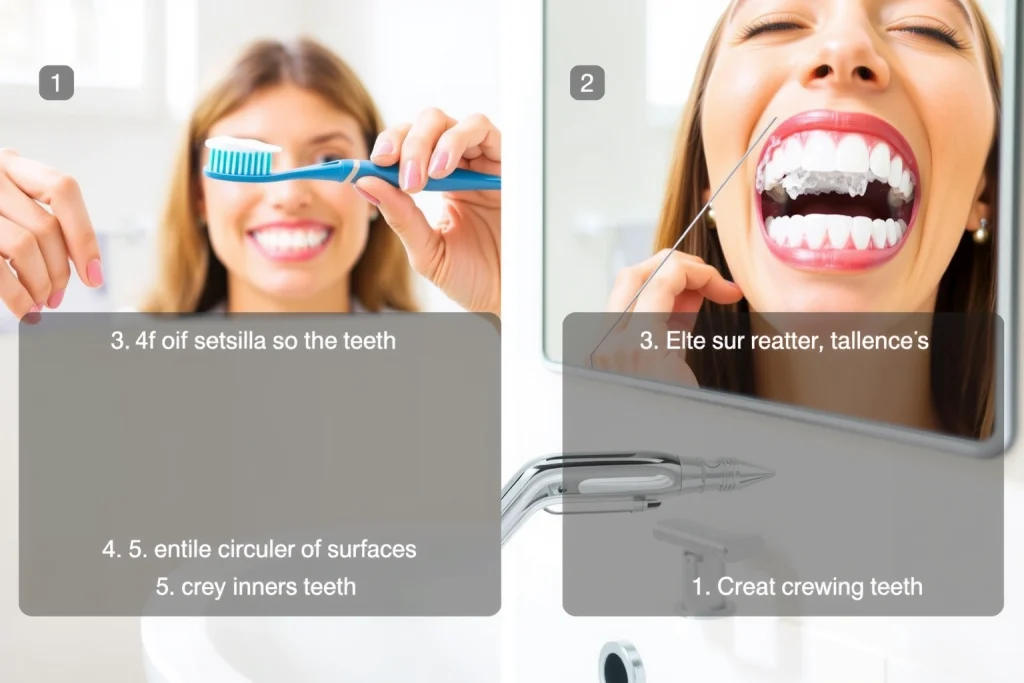 A clear, step-by-step illustration showing proper tooth brushing technique: a person holding a toothbrush at a 45-degree angle to the gums, using gentle circular motions on the outer surfaces of upper teeth, then inner surfaces, then chewing surfaces, with visible toothpaste foam and clean, healthy teeth; background is a simple white bathroom sink with a mirror reflecting the scene, soft natural lighting