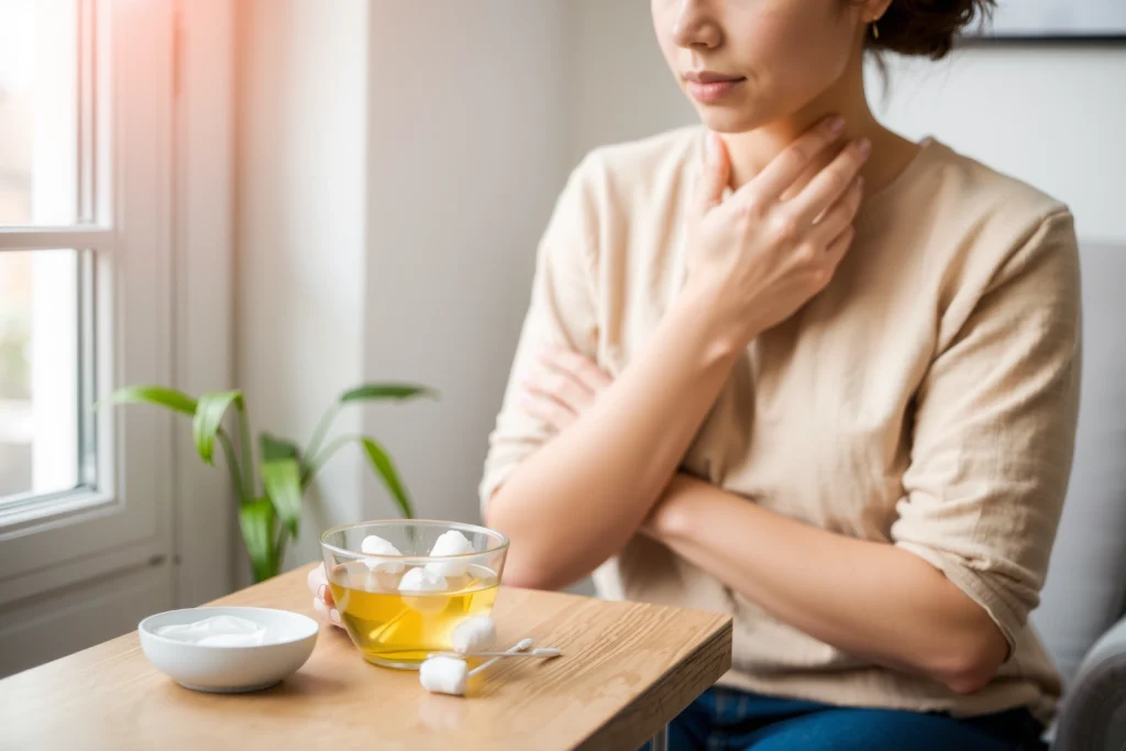 A calm home setting showing a person gently holding their cheek with a warm compress, a small bowl of clove oil and cotton swabs on a wooden table nearby, soft natural lighting from a window, no text or symbols visible
