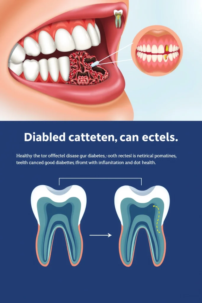 A detailed illustration showing the impact of diabetes on dental health, featuring a close-up of a person's mouth with visible gum disease and tooth decay, alongside a medical diagram comparing healthy teeth to diabetic-affected teeth with inflammation and infection, set in a clinical or educational context