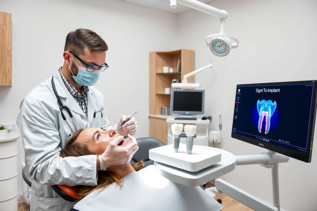 A professional dental clinic interior showing a dentist in a white coat examining a patient's teeth with dental tools, a dental implant model on a tray, and a digital screen displaying a 3D tooth implant diagram, soft natural lighting, modern equipment, clean and sterile environment