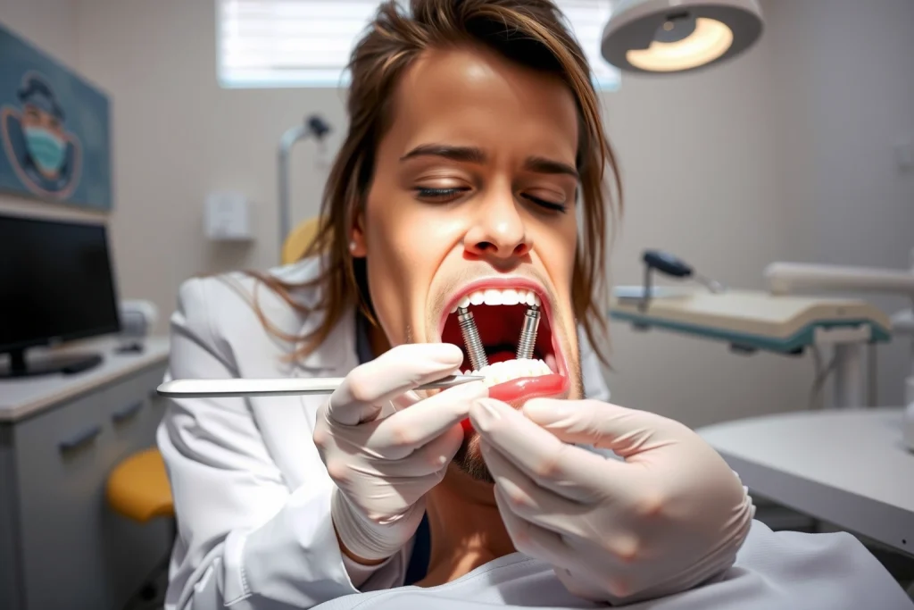 A modern dental clinic interior with a dentist in a white coat examining a patient's mouth, showing a close-up of dental implants being placed into the jawbone, soft natural lighting, medical equipment visible in the background, calm and professional atmosphere