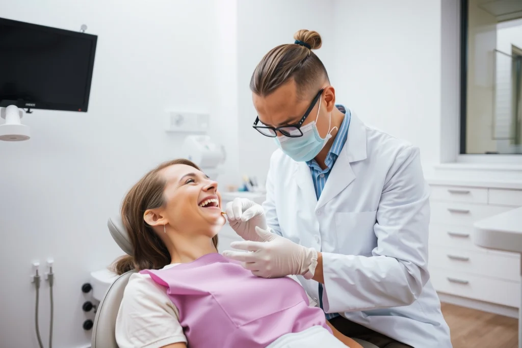 A modern dental clinic interior with a smiling patient sitting in a dental chair, a dentist in a white coat gently placing a dental implant into the jawbone, soft natural lighting, clean white walls, medical equipment in the background, no text or signs visible, focus on calm and pain-free procedure