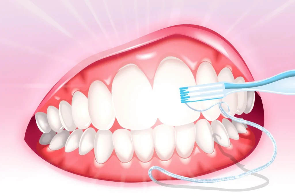 A close-up illustration of healthy pink gums surrounding clean white teeth, with a soft glowing effect indicating oral hygiene, a toothbrush and dental floss gently placed nearby on a clean white background, subtle light rays emphasizing freshness and care