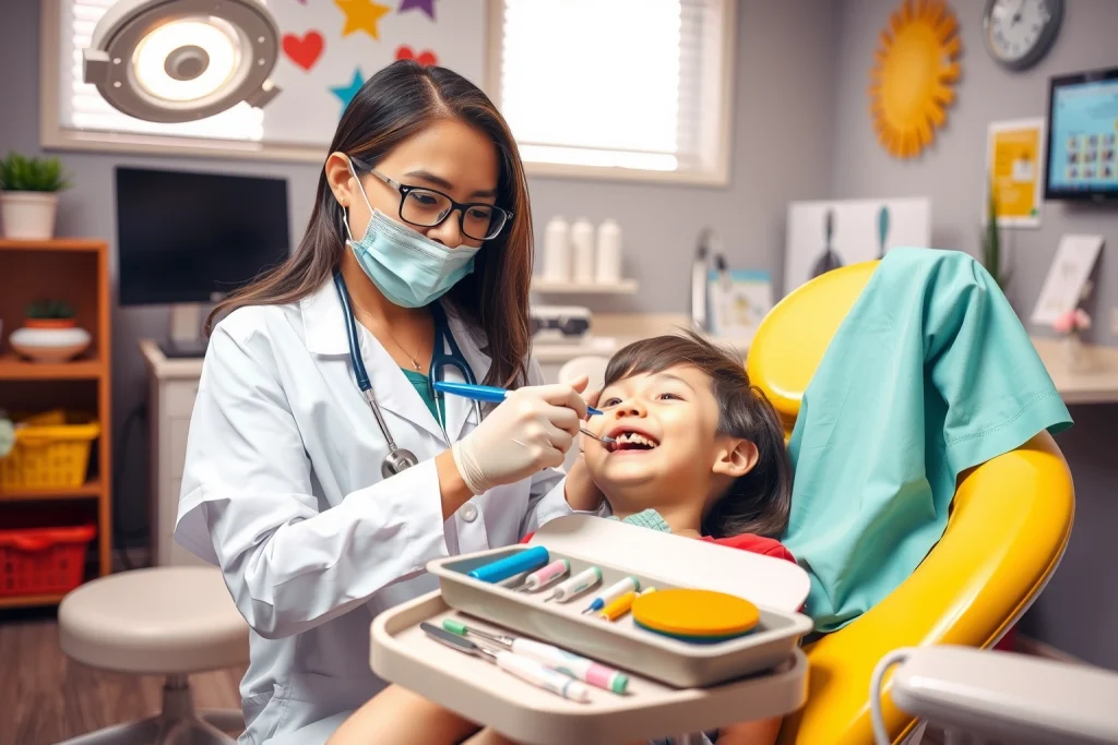 A friendly pediatric dentist examining a child's teeth in a bright, modern dental clinic, with colorful decorations, dental tools on a tray, and a smiling child sitting in the dental chair, warm lighting, soft shadows, realistic details