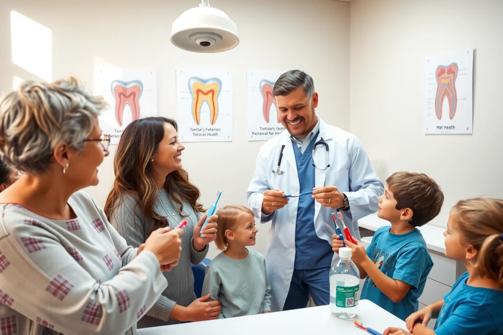 A clean, modern dental clinic interior with a smiling dentist demonstrating proper brushing technique to a diverse group of patients (adults and children) holding toothbrushes, dental floss, and mouthwash bottles on a counter; soft natural lighting, educational posters on the wall showing tooth anatomy and gum health, no text or labels visible