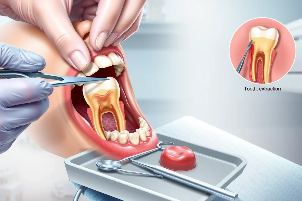 A detailed medical illustration showing the step-by-step procedure of tooth extraction: a dentist using forceps to gently remove a tooth from the gum, with visible surrounding bone, periodontal ligament, and soft tissue; the patient's mouth is open, dental tools are arranged neatly on a tray, and the background is a clean, clinical dental operatory with soft lighting; no text, labels, or numbers appear in the image