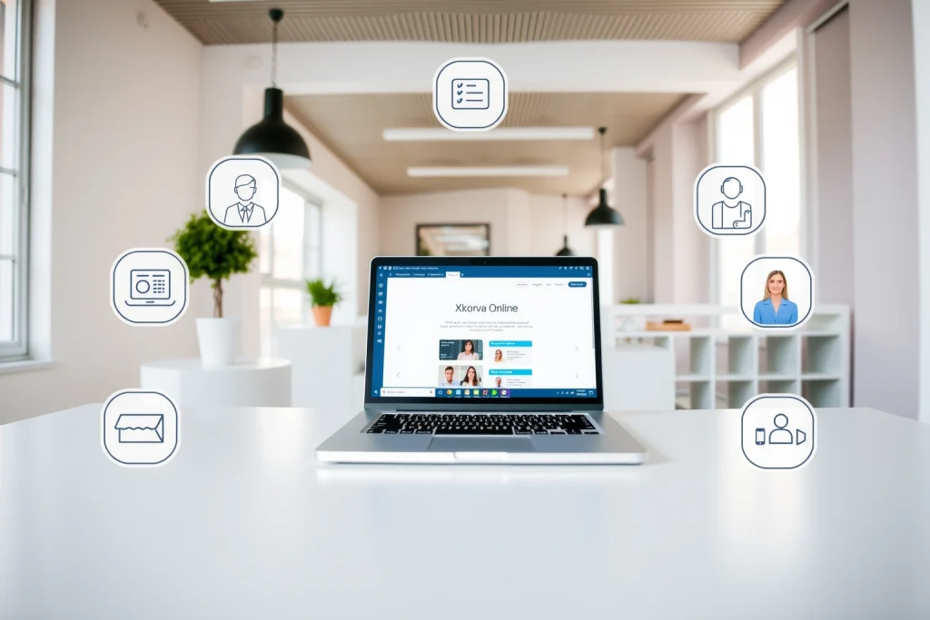 A modern digital workspace with a laptop displaying a website interface labeled 'Дьячкова Online', surrounded by subtle icons representing online education, video calls, and digital collaboration, in a clean, professional environment with soft natural lighting
