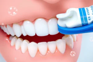 A close-up illustration of healthy human teeth with smooth, shiny enamel, showing proper brushing technique with a soft toothbrush and fluoride toothpaste, surrounded by gentle bubbles and a clean bathroom sink background, emphasizing dental care and enamel protection