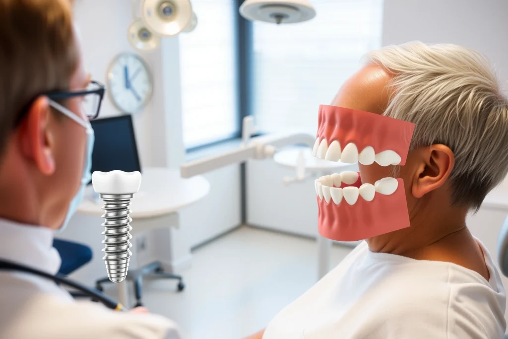A modern dental clinic interior showing a dentist explaining dental implants to a patient, with a clear visual comparison: on one side, a detailed 3D model of a dental implant integrated into jawbone with crown, and on the other side, a traditional dental bridge or denture; soft natural lighting, professional atmosphere, no text or labels visible
