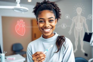 A healthy adult smiling with bright white teeth, standing in a modern dental clinic with soft natural light, holding a toothbrush and dental floss visible on a nearby counter, subtle anatomical illustrations of the human body showing connections between oral health and heart, brain, and immune system in the background as translucent overlays, emphasizing systemic wellness