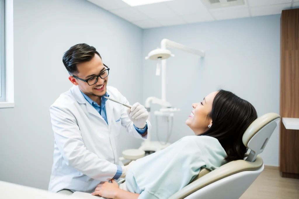 A calm, modern dental clinic interior with a smiling patient sitting comfortably in a dental chair, a dentist in a white coat gently placing a dental implant into the patient's jaw using precise tools, soft natural lighting from a window, subtle medical equipment in the background, no visible pain or distress on the patient's face, focus on serenity and professionalism