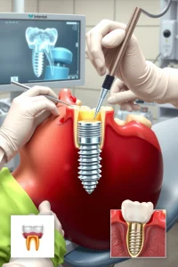 A detailed medical illustration showing a dentist performing dental implant surgery on a patient's jaw, with clear views of the implant being placed into the jawbone, surrounding gum tissue, and a cross-section view of the implant components. The scene should depict a professional dental clinic environment with dental tools, X-ray images on a monitor in the background, and the patient lying in a dental chair. Include anatomical details of the jawbone structure and implant placement process to hi