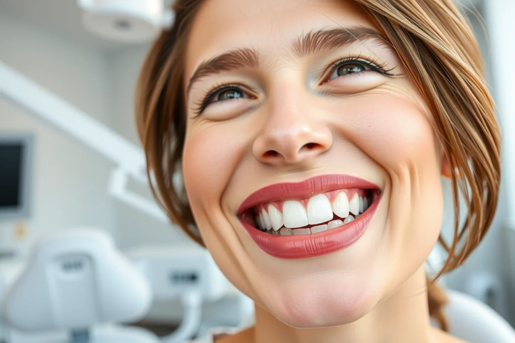 A confident adult smiling with natural-looking dental implants, showing healthy teeth and gums in a bright, clean dental clinic setting with soft natural lighting, modern dental equipment subtly visible in the background, focus on the mouth area with realistic texture and detail