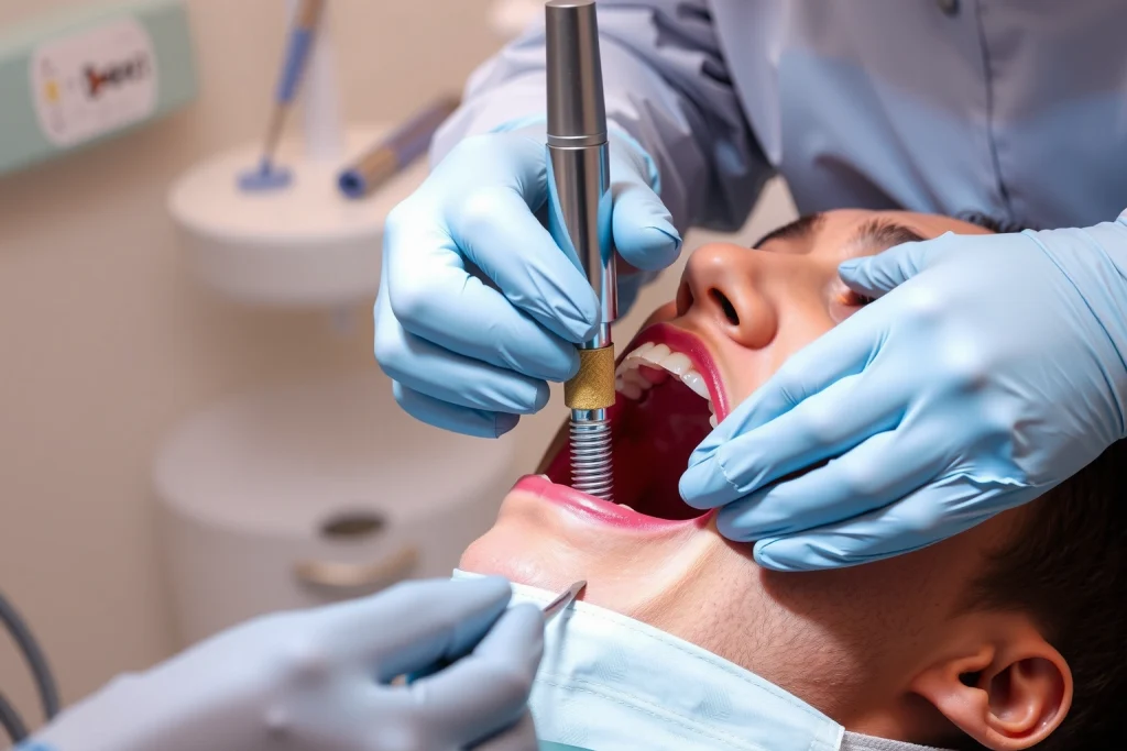 A professional dental clinic setting showing a dentist performing a dental implant procedure on a patient, with close-up view of the implant being placed into the jawbone, surrounded by sterile dental tools, soft lighting, and a calm, reassuring atmosphere