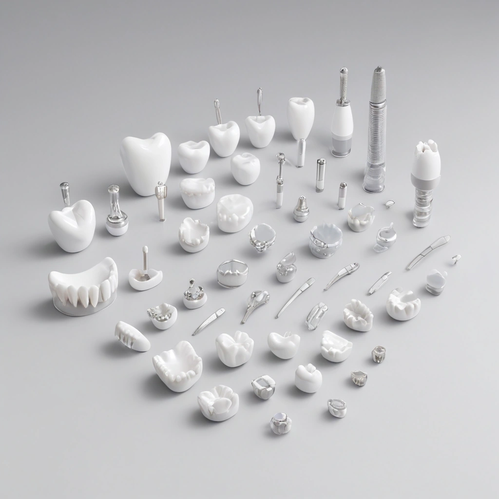 A clean, professional illustration showing various types of artificial teeth — including dental implants, crowns, bridges, and dentures — arranged neatly on a white background with subtle shadows for depth. Each tooth type is labeled with a thin, elegant line pointing to it, using a minimalist sans-serif font in light gray. The materials (porcelain, zirconia, acrylic, metal alloy) are indicated by small color-coded icons or texture swatches beside each tooth type. The overall style is clinical,