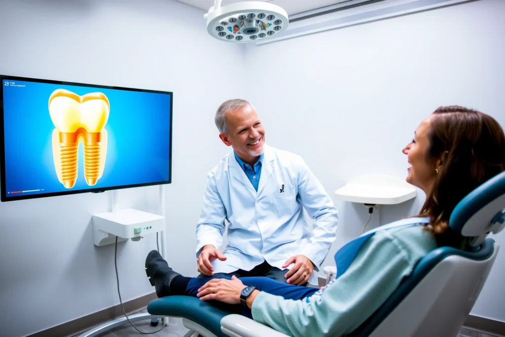 A clean, modern dental clinic interior with a dentist in a white coat explaining dental implant procedure to a patient sitting in a dental chair, showing a detailed 3D model of a tooth implant on a digital screen nearby, soft natural lighting, professional and reassuring atmosphere