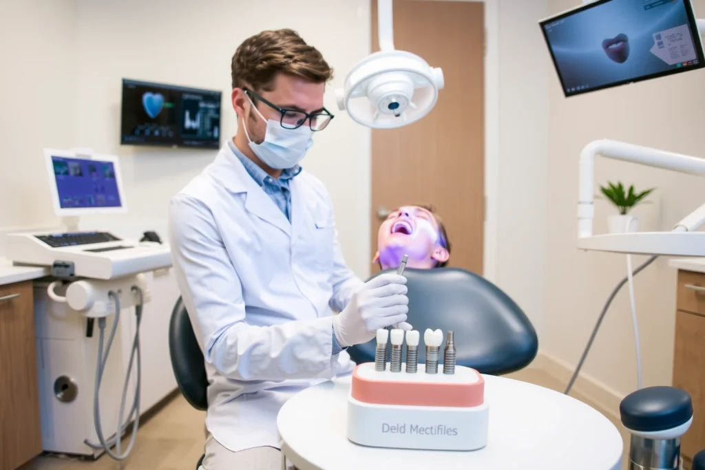 A professional dental clinic interior with a dentist examining a patient's mouth, showing dental implants on a model, modern equipment, and a calm atmosphere, focusing on dental care and implant consultation