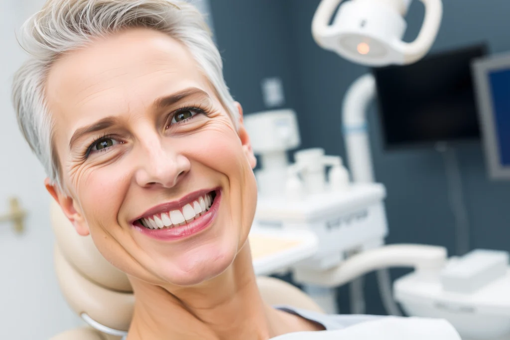 A confident adult person smiling naturally, showing healthy teeth after dental implant restoration, seated in a modern dental clinic with soft natural lighting, subtle background of dental equipment and a calm atmosphere, focus on the smile and facial expression, realistic skin texture and dental detail